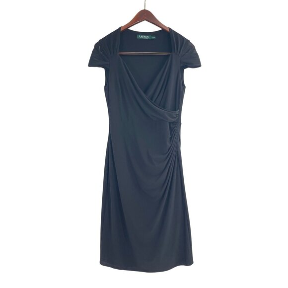 Lauren Ralph Lauren Womens Black Faux Wrap Dress Size 6 Elegant Neutral LBD - Picture 1 of 9